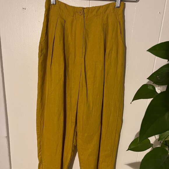 7115 Linen Pleated Trousers Mustard Small - Picture 8 of 9